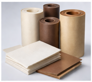 Stacks and rolls of neutral-toned industrial papers and boards